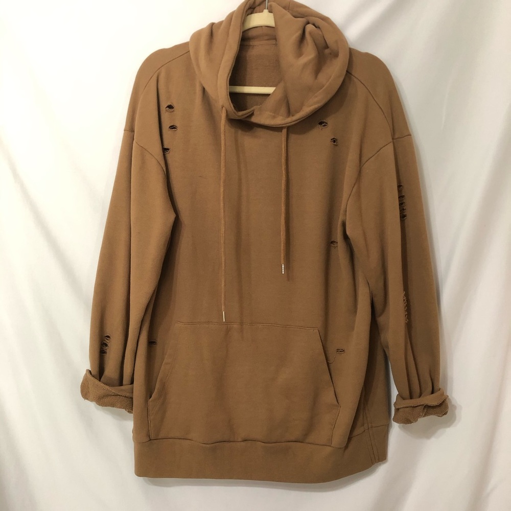 Brown Distressed Oversized Pullover Hoodie